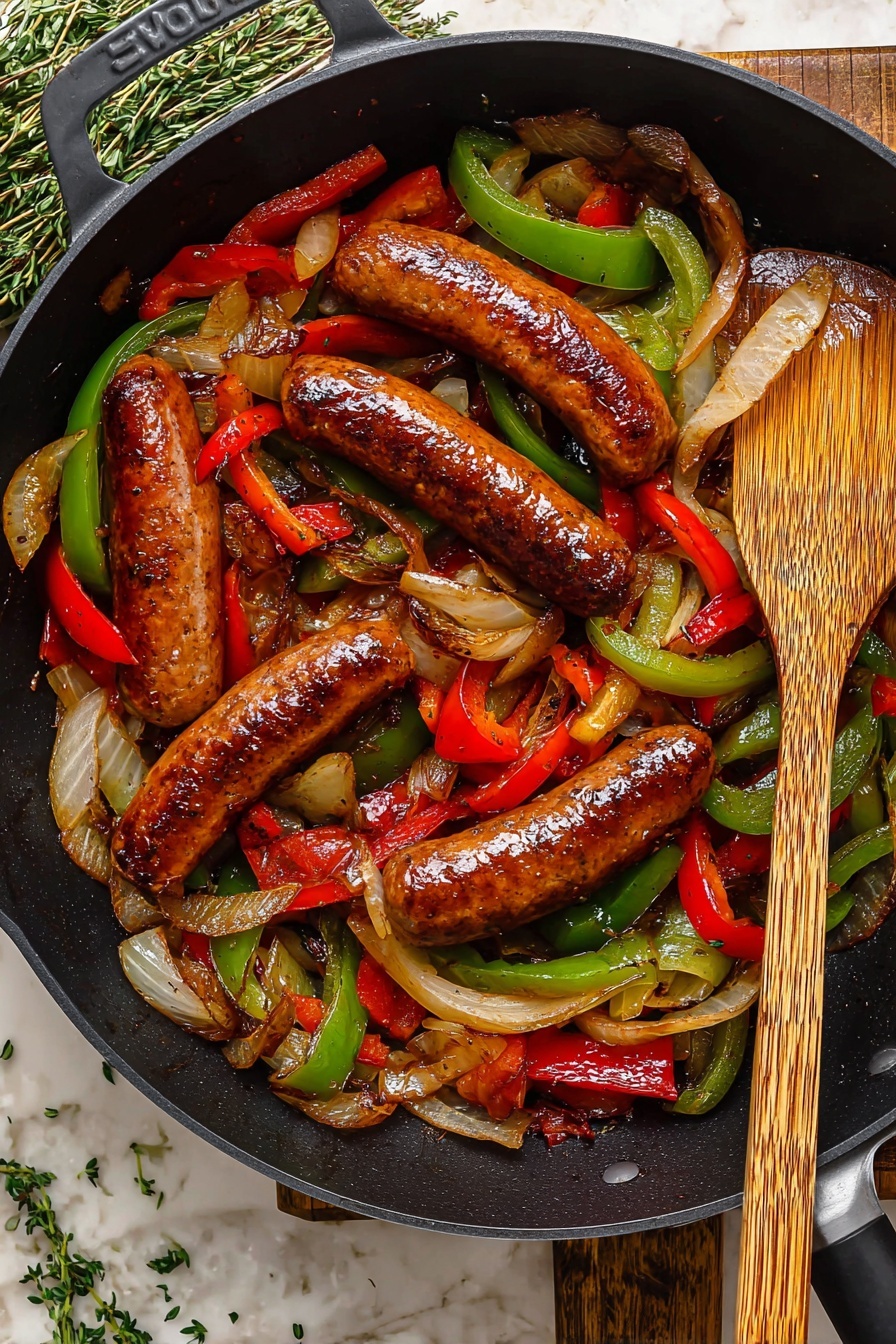 A pan of sausage and peppers.
