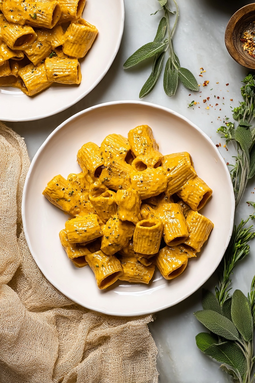 A plate of creamy roasted butternut squash pasta.