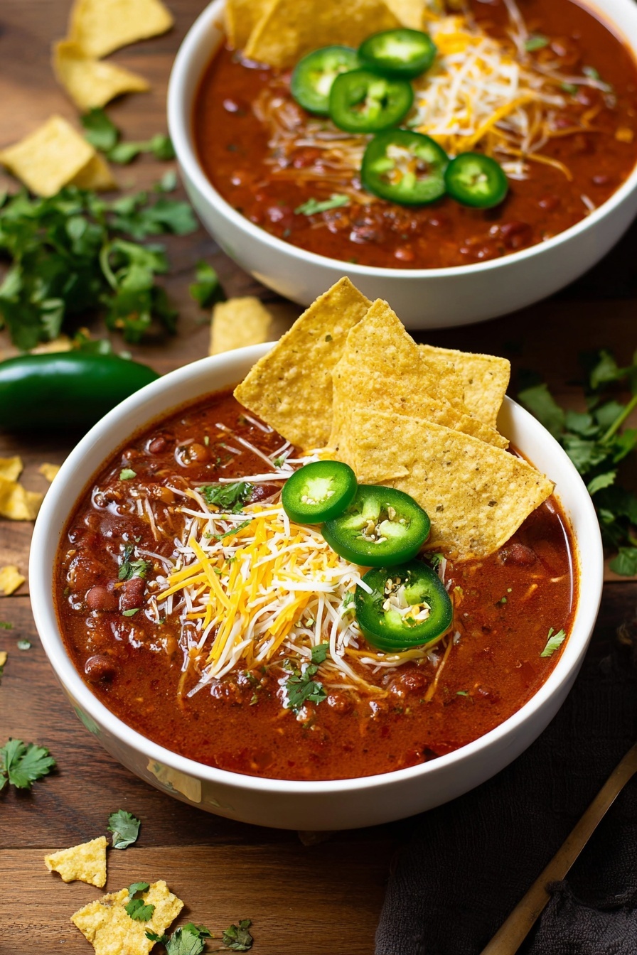 A bowl of hearty vegan taco soup with a side of tortilla chips.