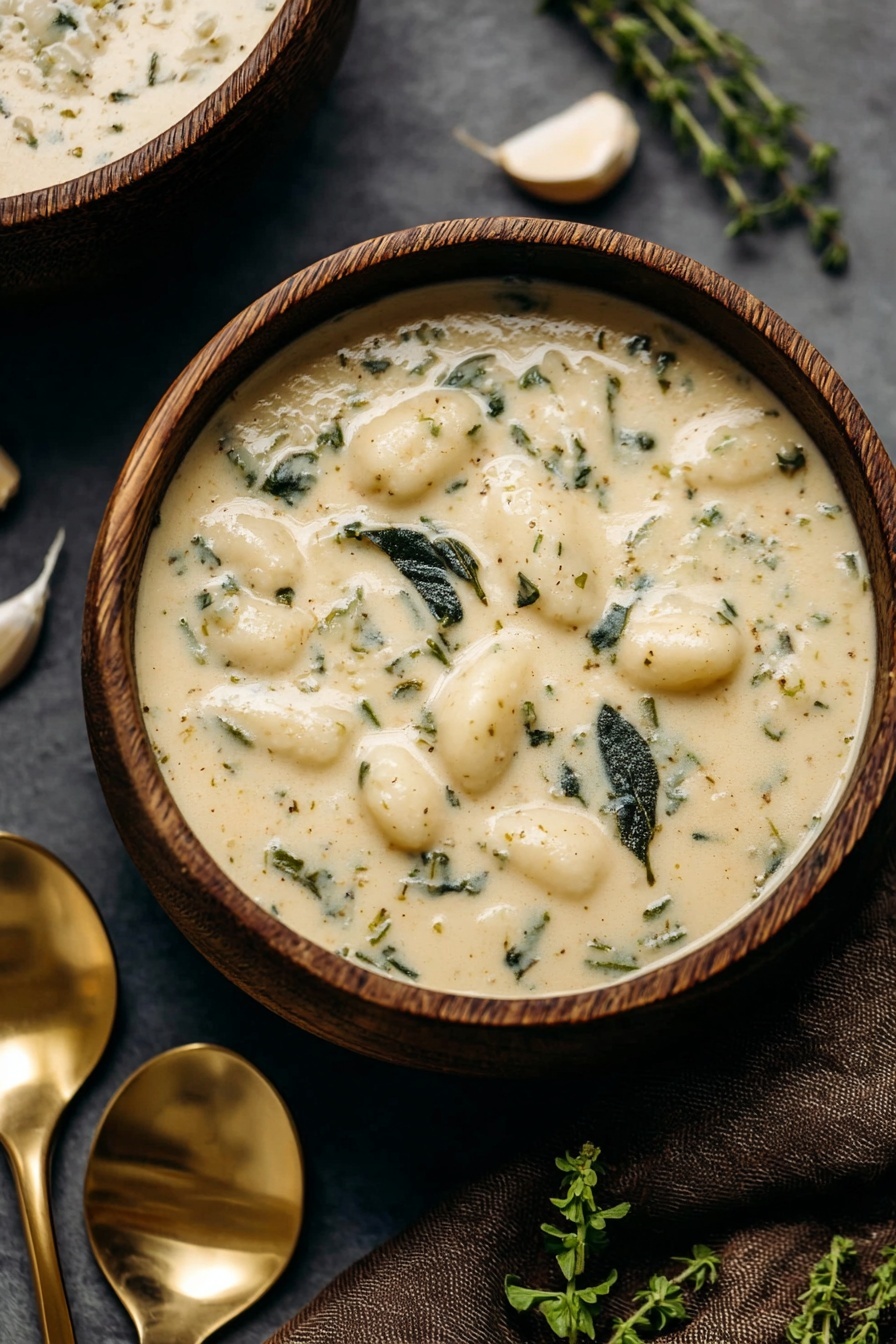 A bowl of creamy garlic chicken gnocchi soup.