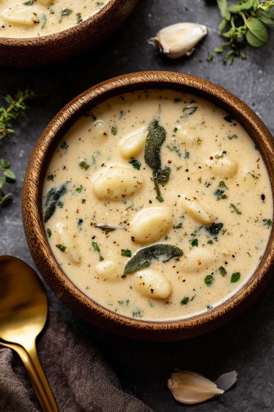 A bowl of creamy garlic chicken gnocchi soup.