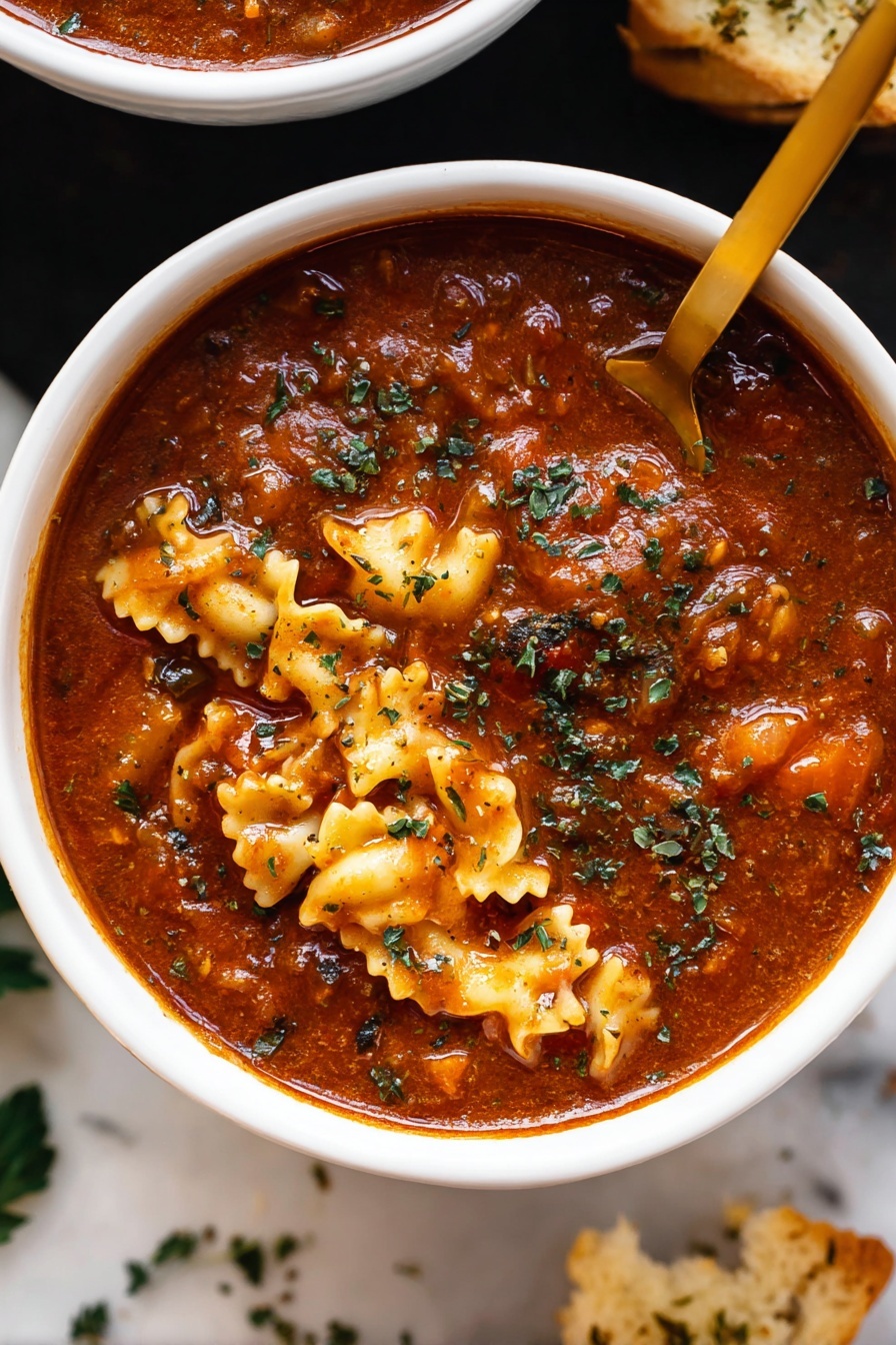 A bowl of delicious vegan lasagna soup.