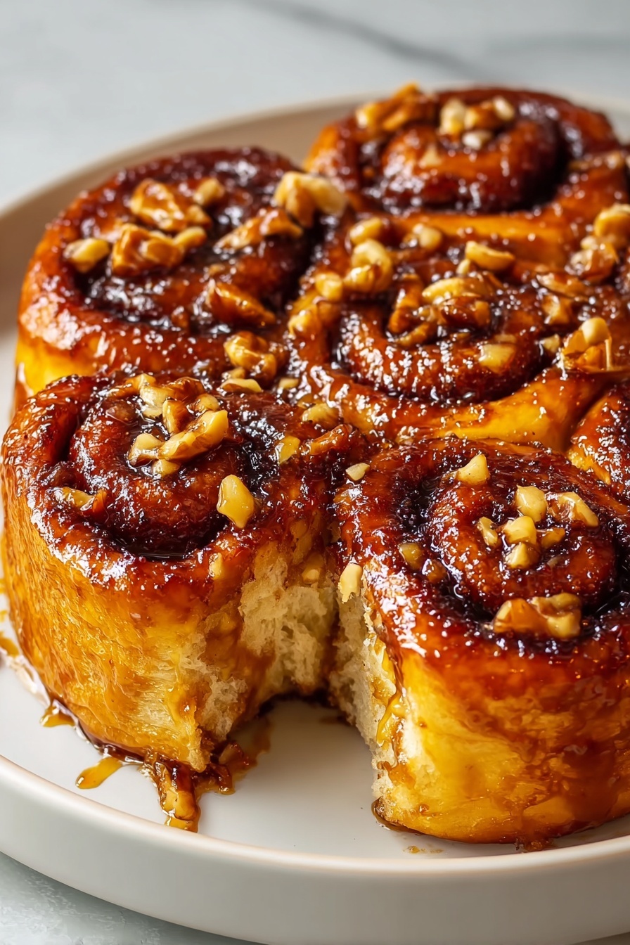 A slice of a sticky bun with nuts.