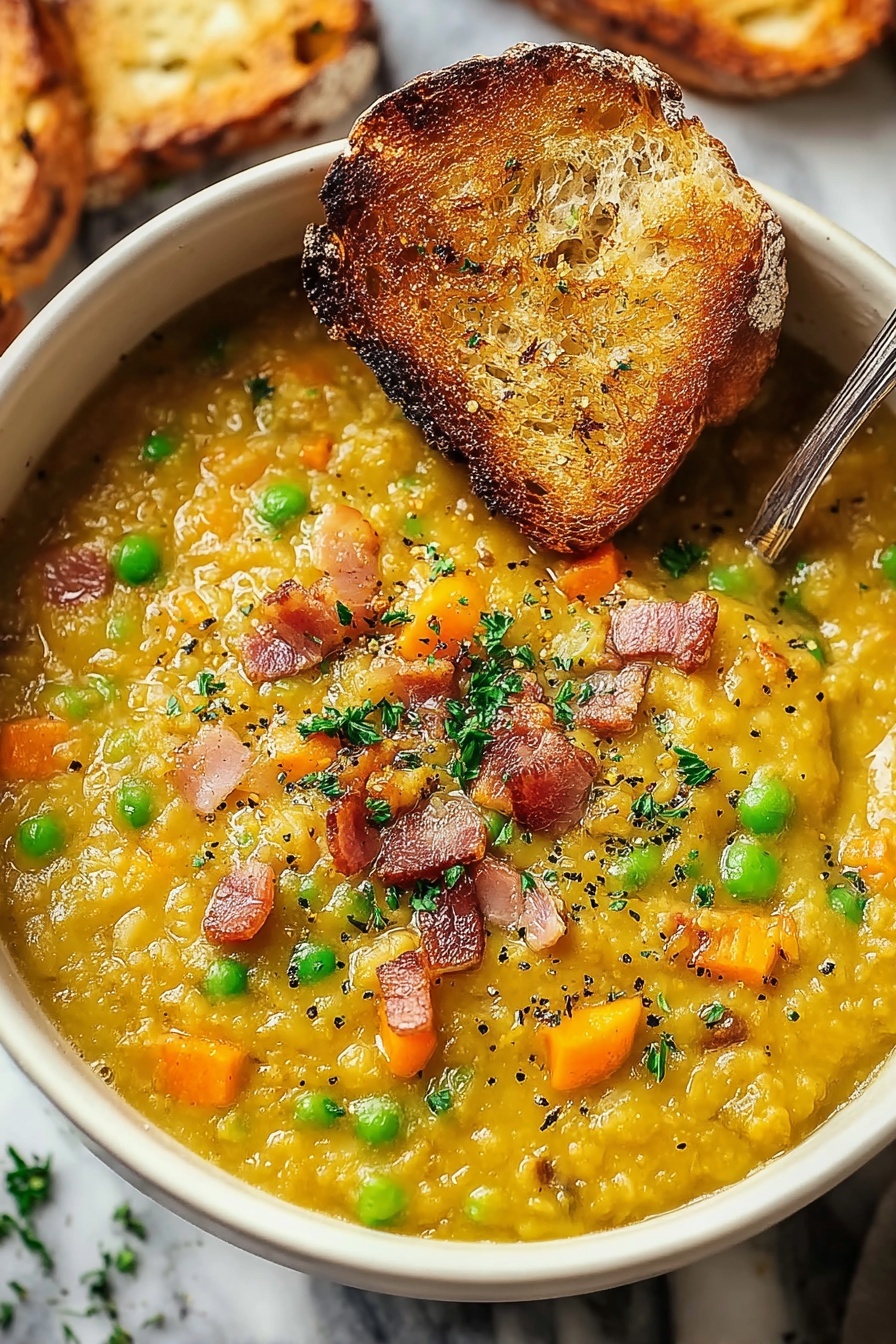 A bowl of split pea soup with a slice of bread on top.