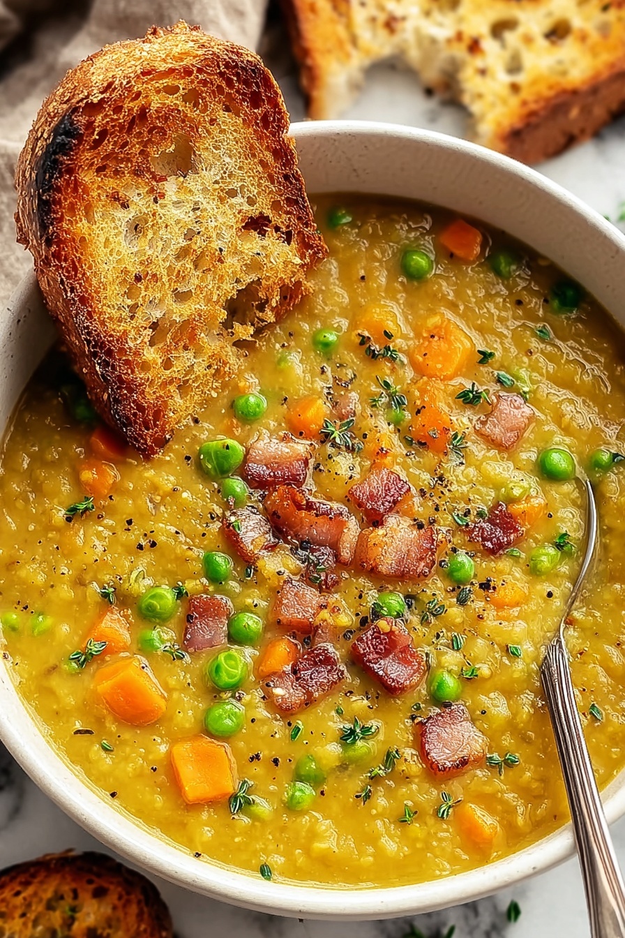A bowl of split pea soup with a slice of bread on top.