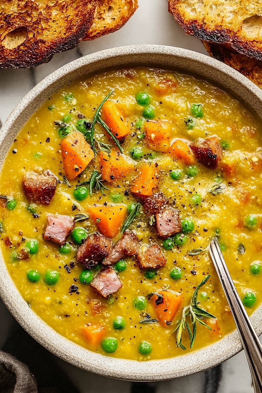 A bowl of split pea soup with meat and peas.