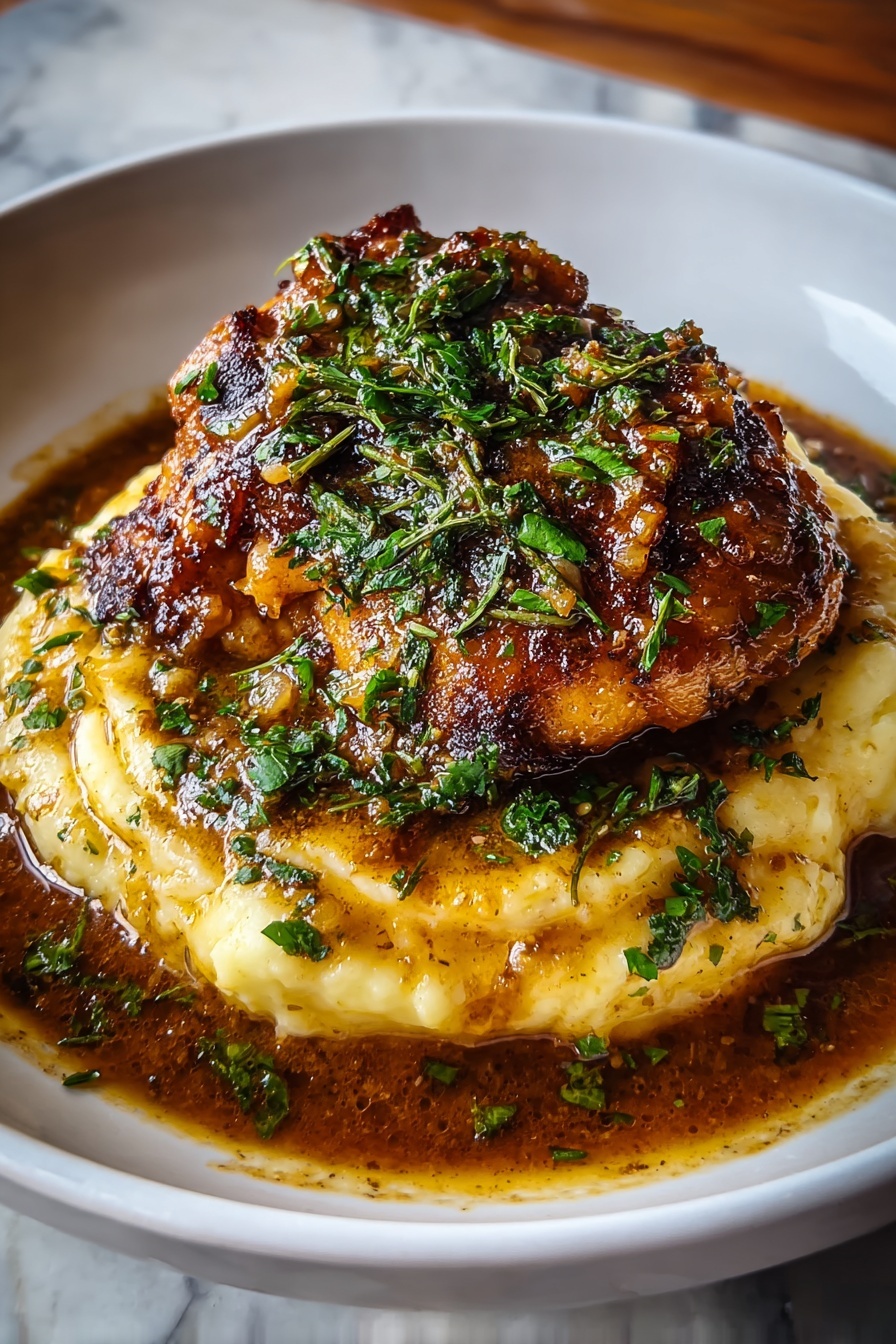 A plate of smothered chicken thighs with gravy.