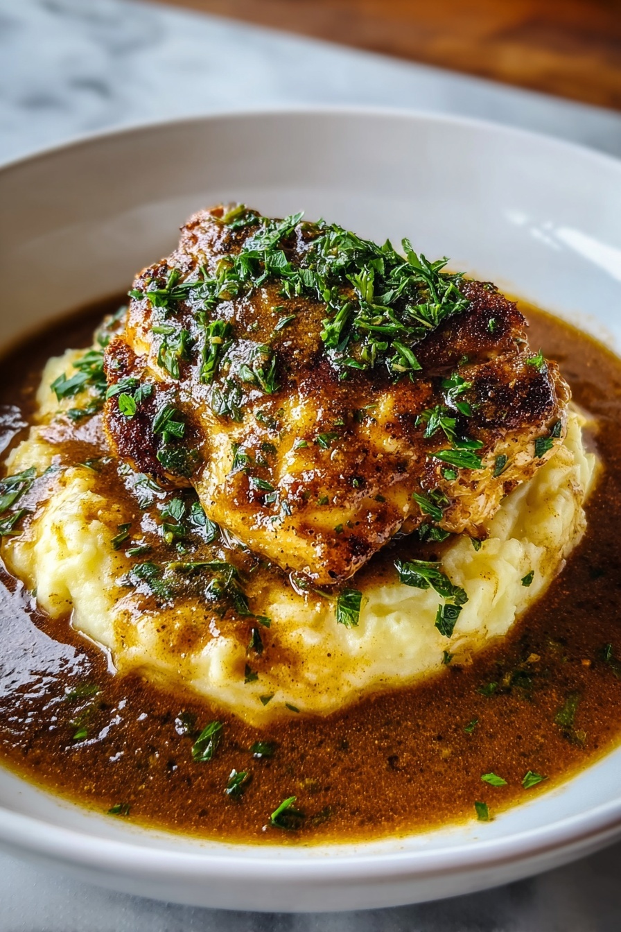 A plate of smothered chicken thighs in gravy.