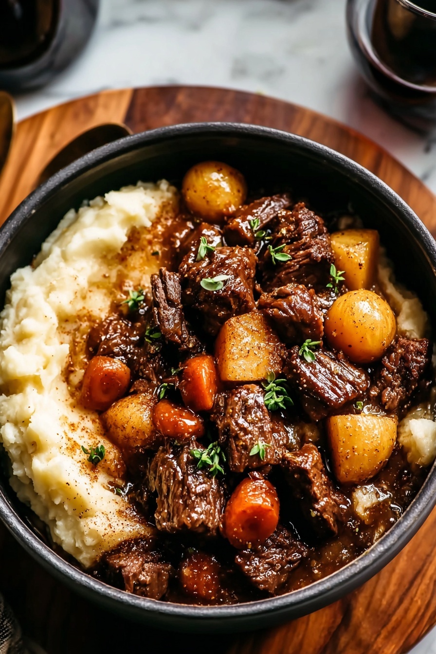 A bowl of beef bourguignon with potatoes and carrots.
