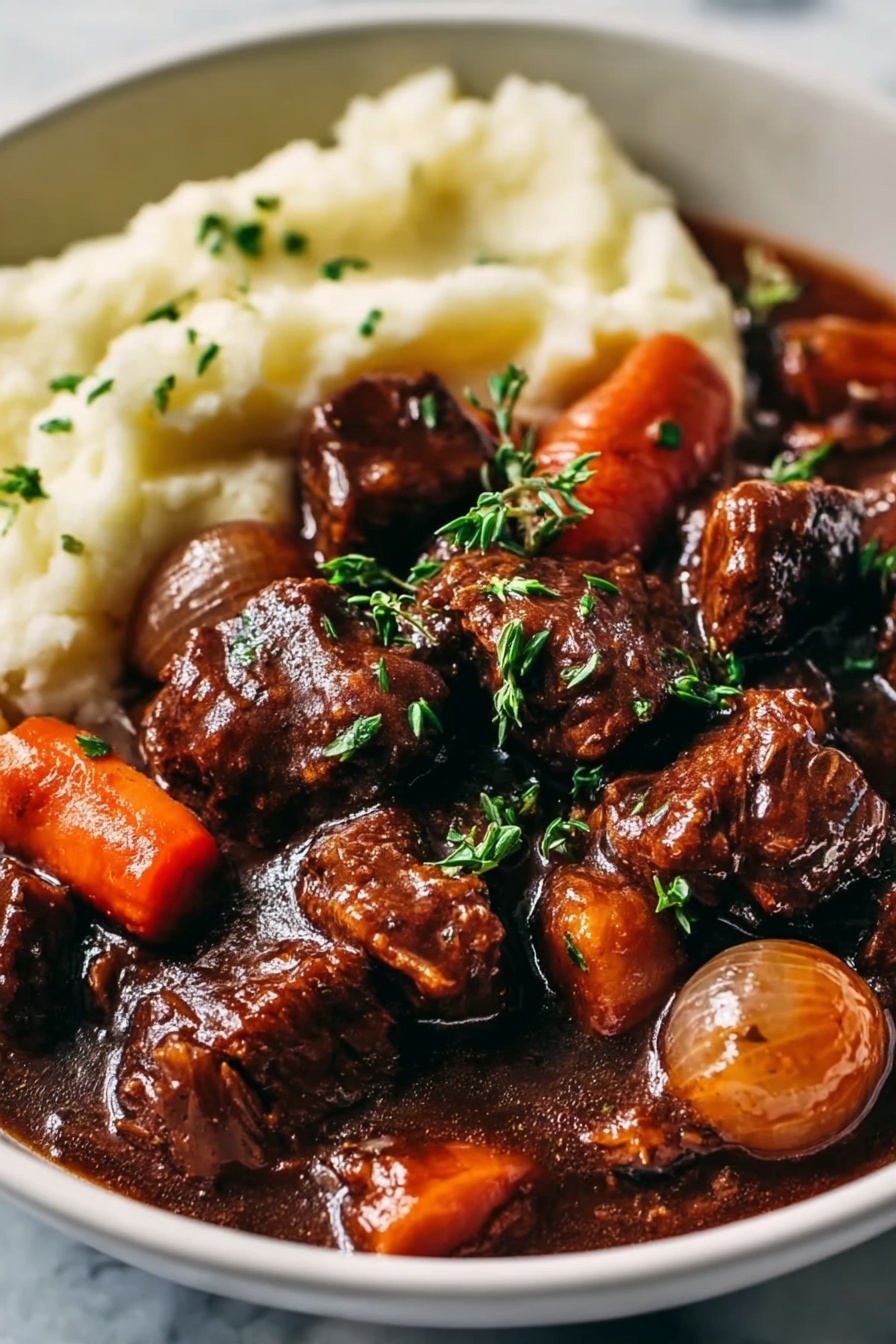A close up of a beef stew with carrots.