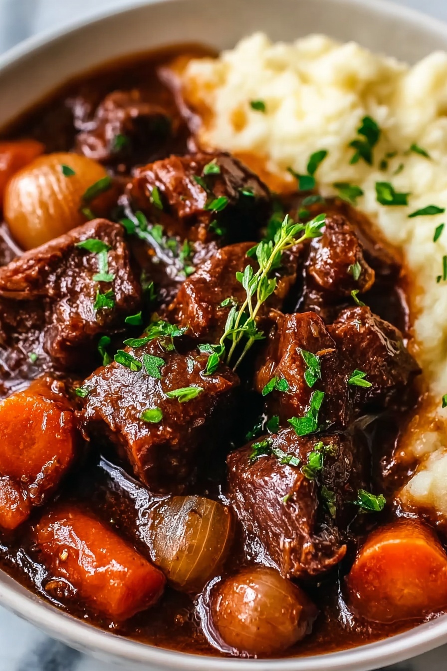 A close up of a delicious one pot beef bourguigno.