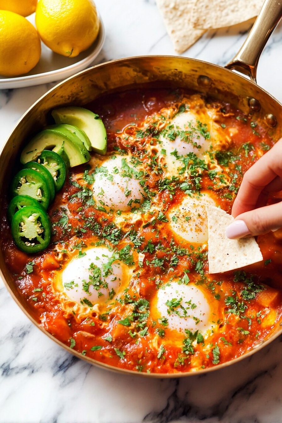 A person is holding a tortilla chip over a bowl of shakshuka.