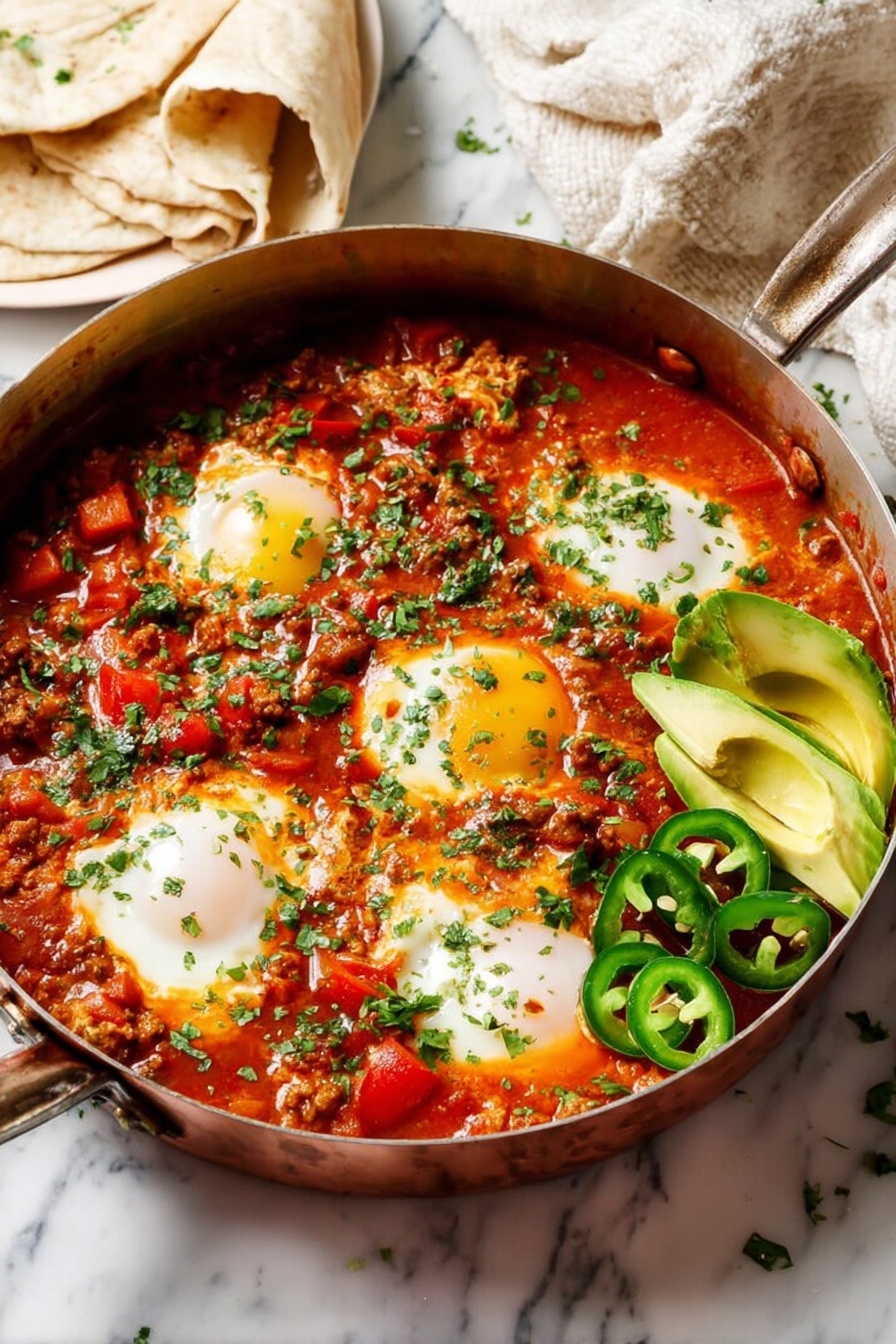 A dish of authentic shakshuka with eggs and peppers.