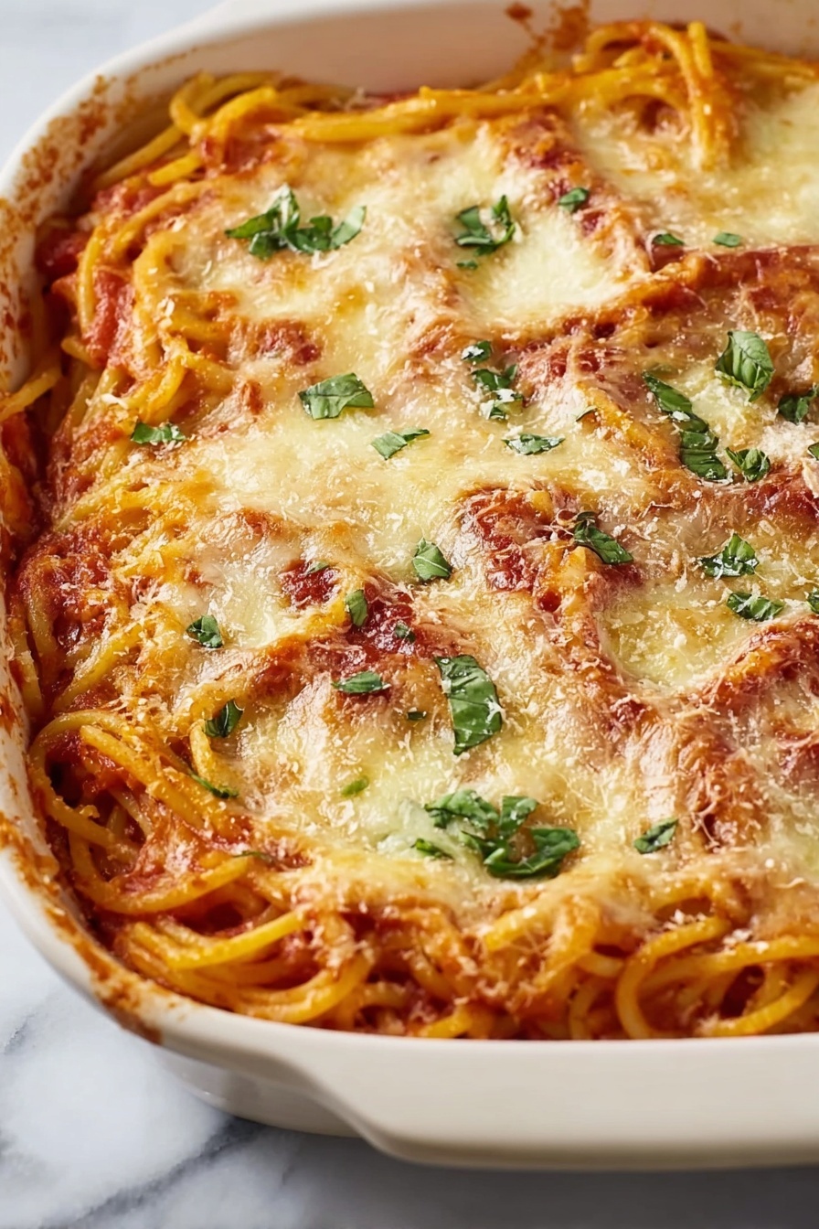 A baked spaghetti dish with cheese and herbs.