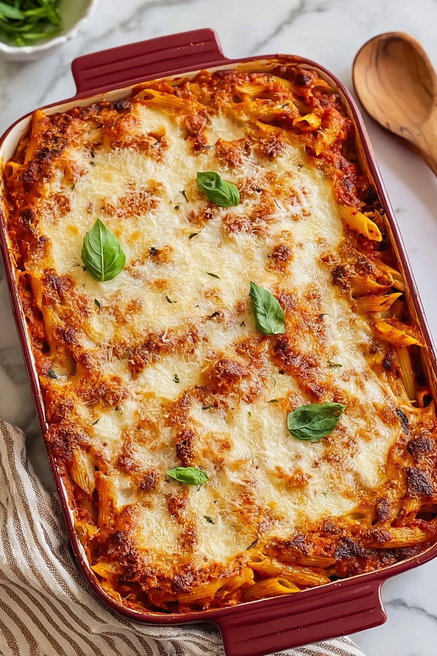 A baked spaghetti dish with cheese and herbs on top.