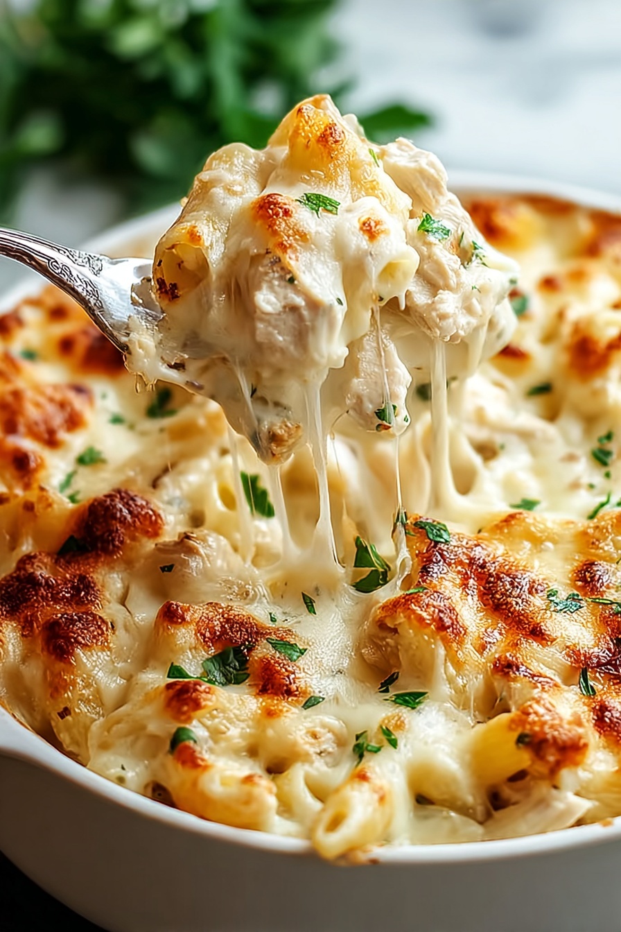 A fork is in a bowl of creamy garlic parmesan chicken pasta bake.