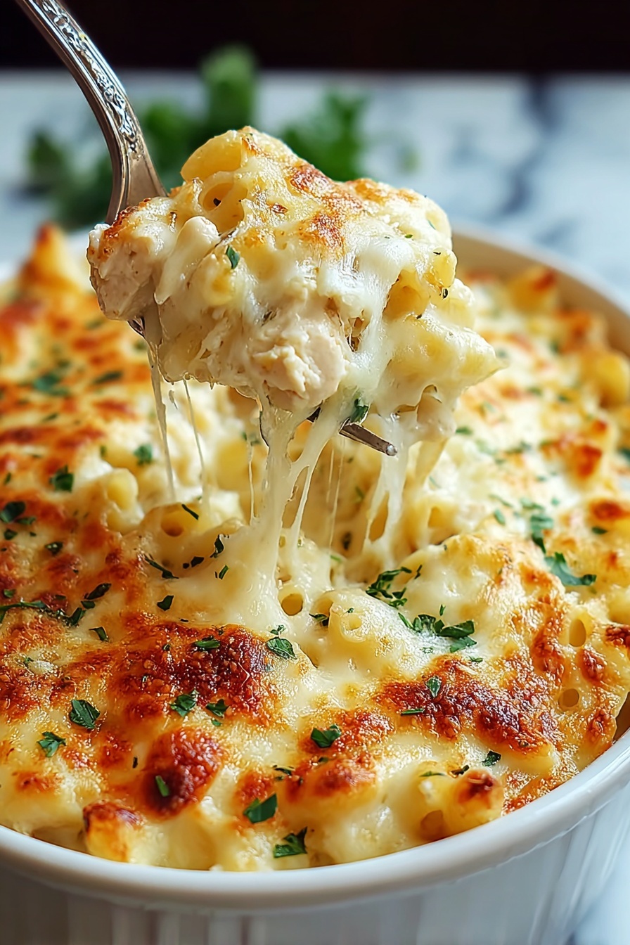 A fork is in a bowl of creamy garlic parmesan chicken pasta bake.