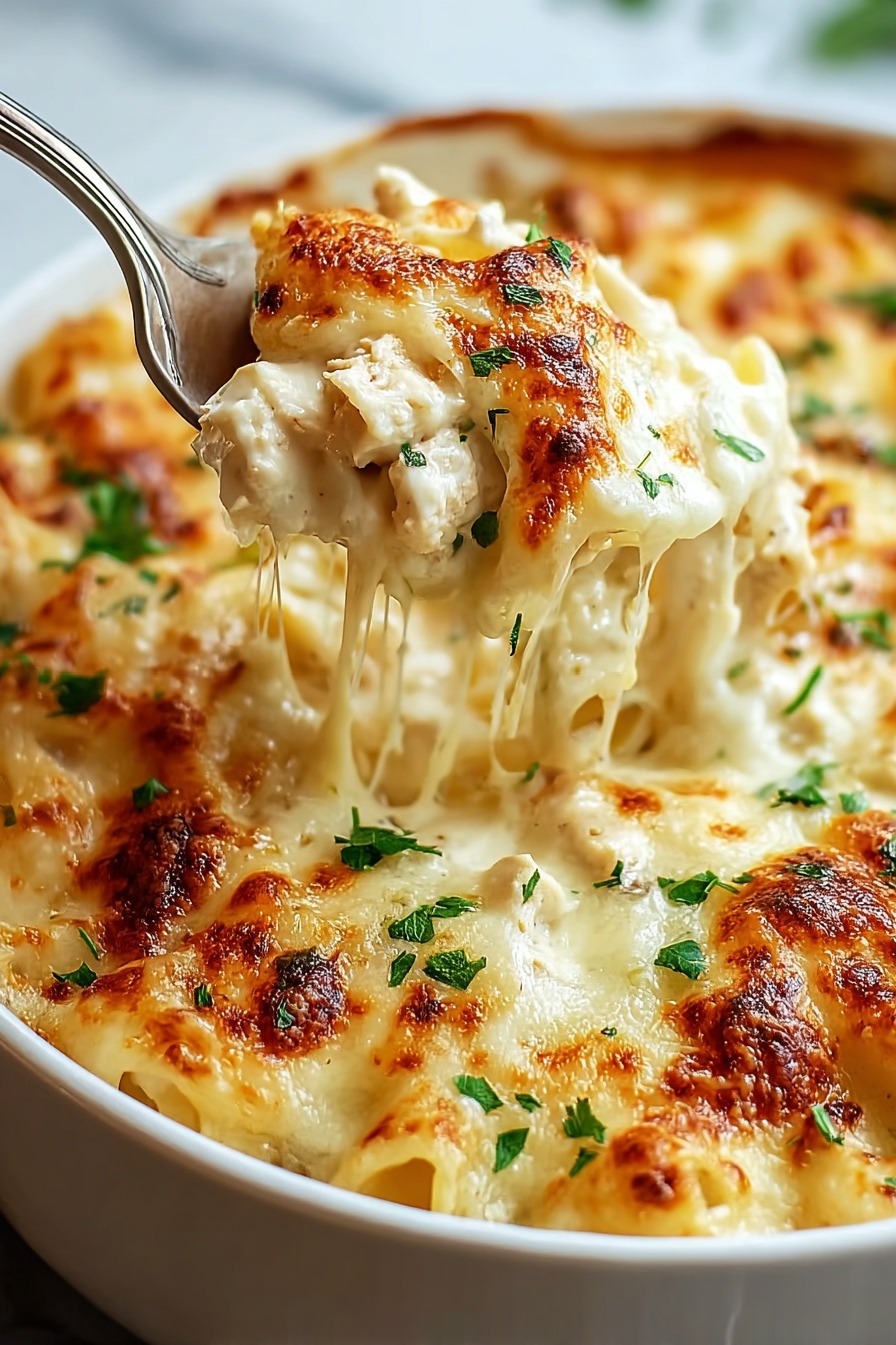 A fork is in a bowl of creamy garlic parmesan chicken pasta bake.