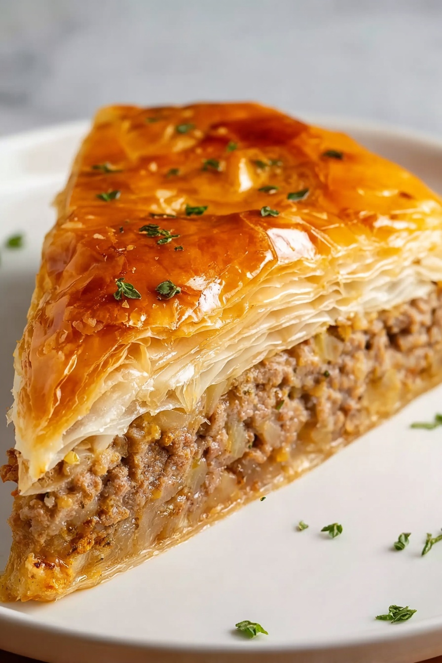 A slice of meat and onion filled pastry.
