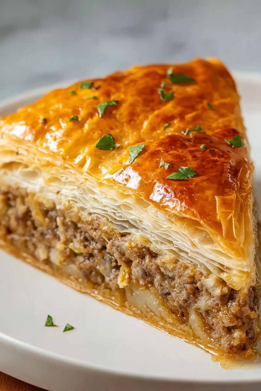 A slice of a Greek pastry with a green topping.