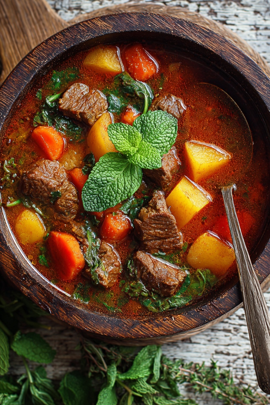 A bowl of soup with meat and vegetables.