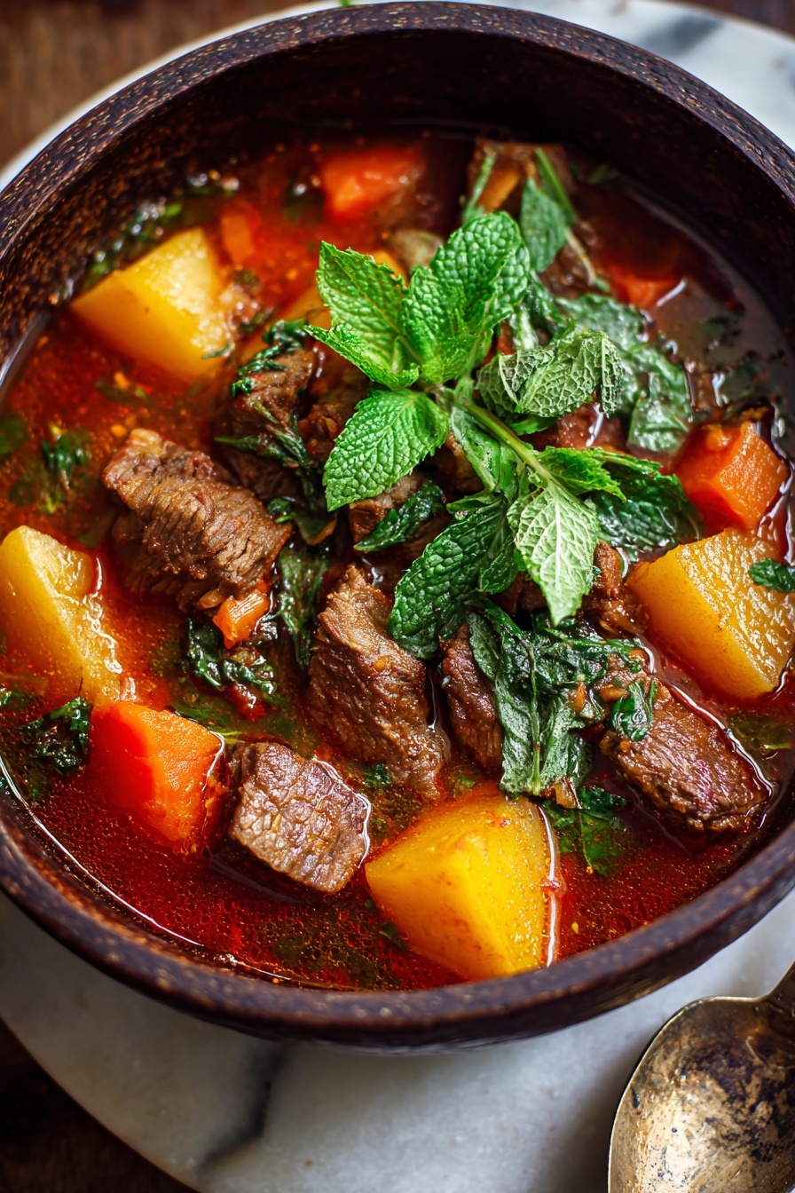 A bowl of soup with meat and vegetables.