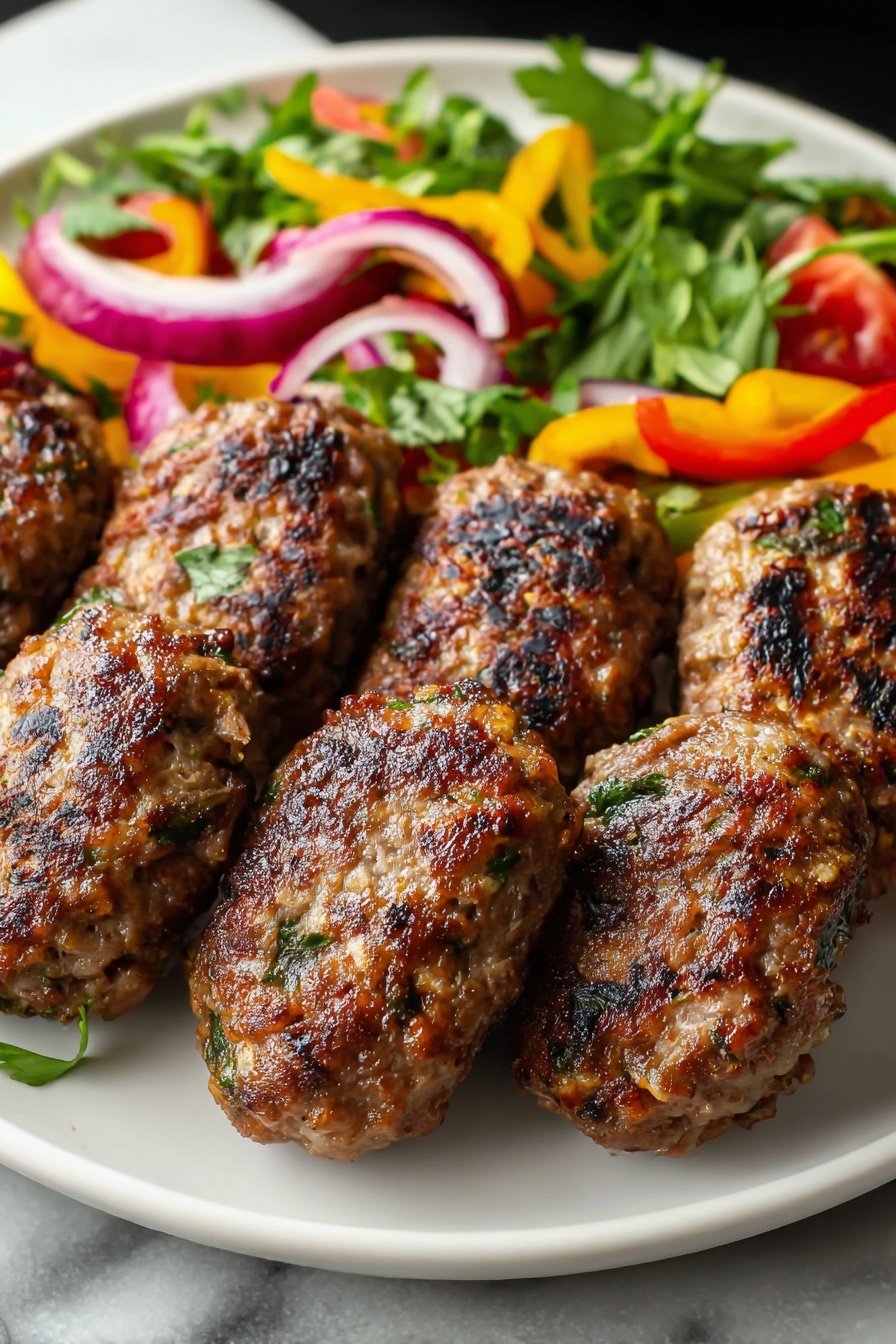 A plate of meatballs with onions and peppers.