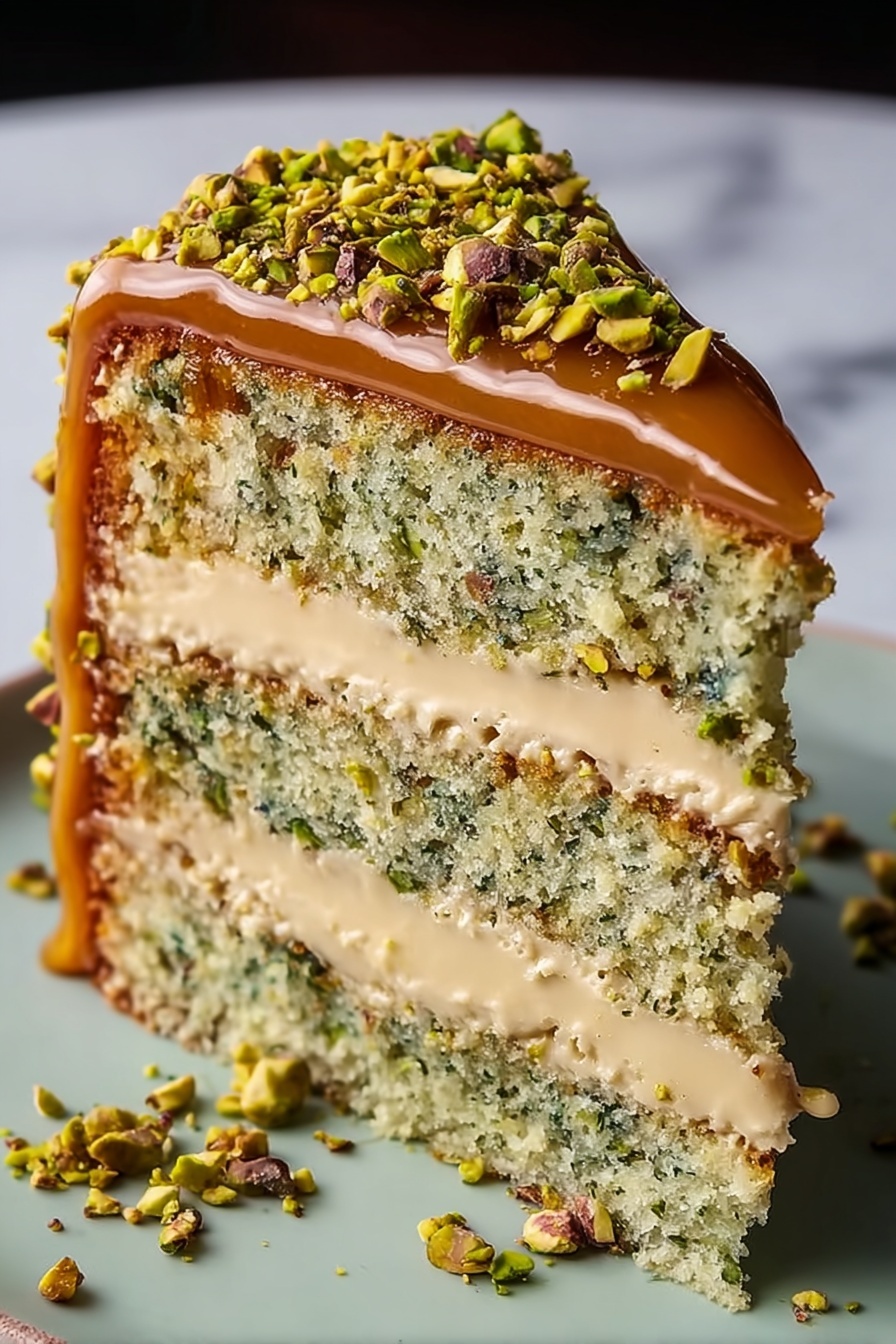 A slice of pistachio coffee cake with a drizzle of caramel.