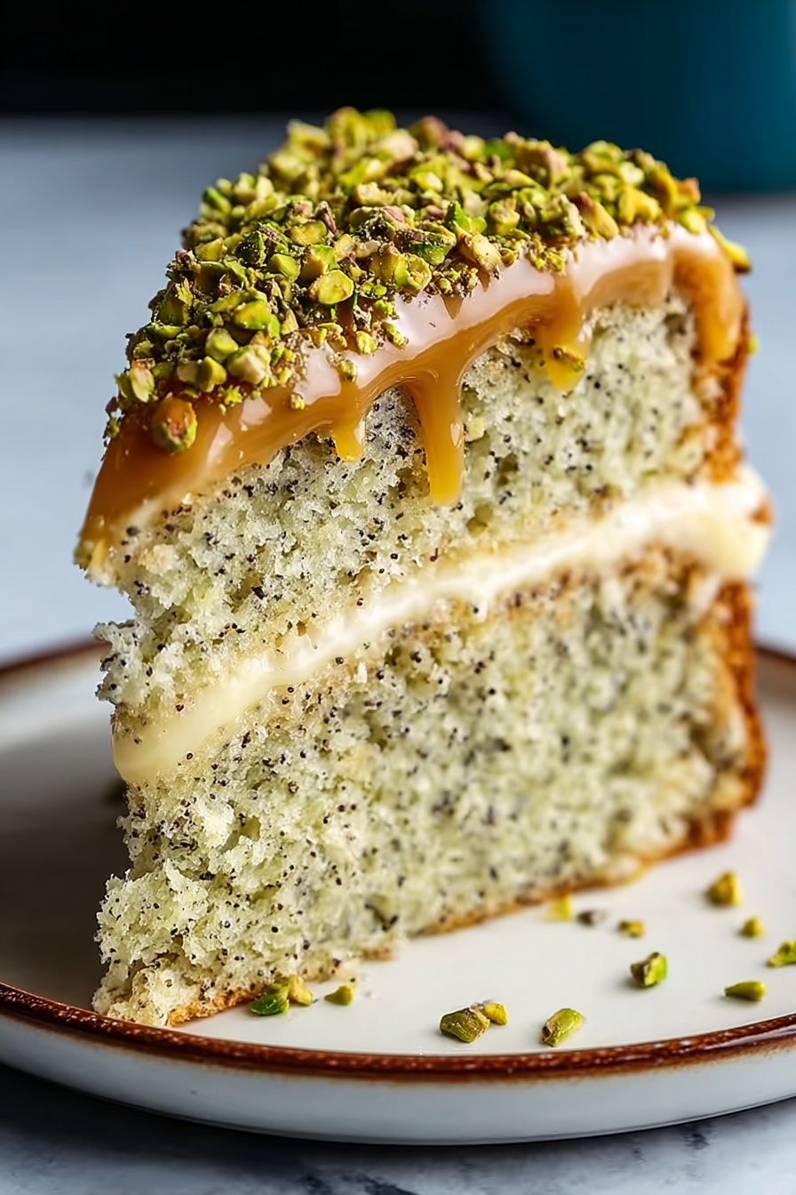 A slice of pistachio coffee cake with a drizzle of caramel.