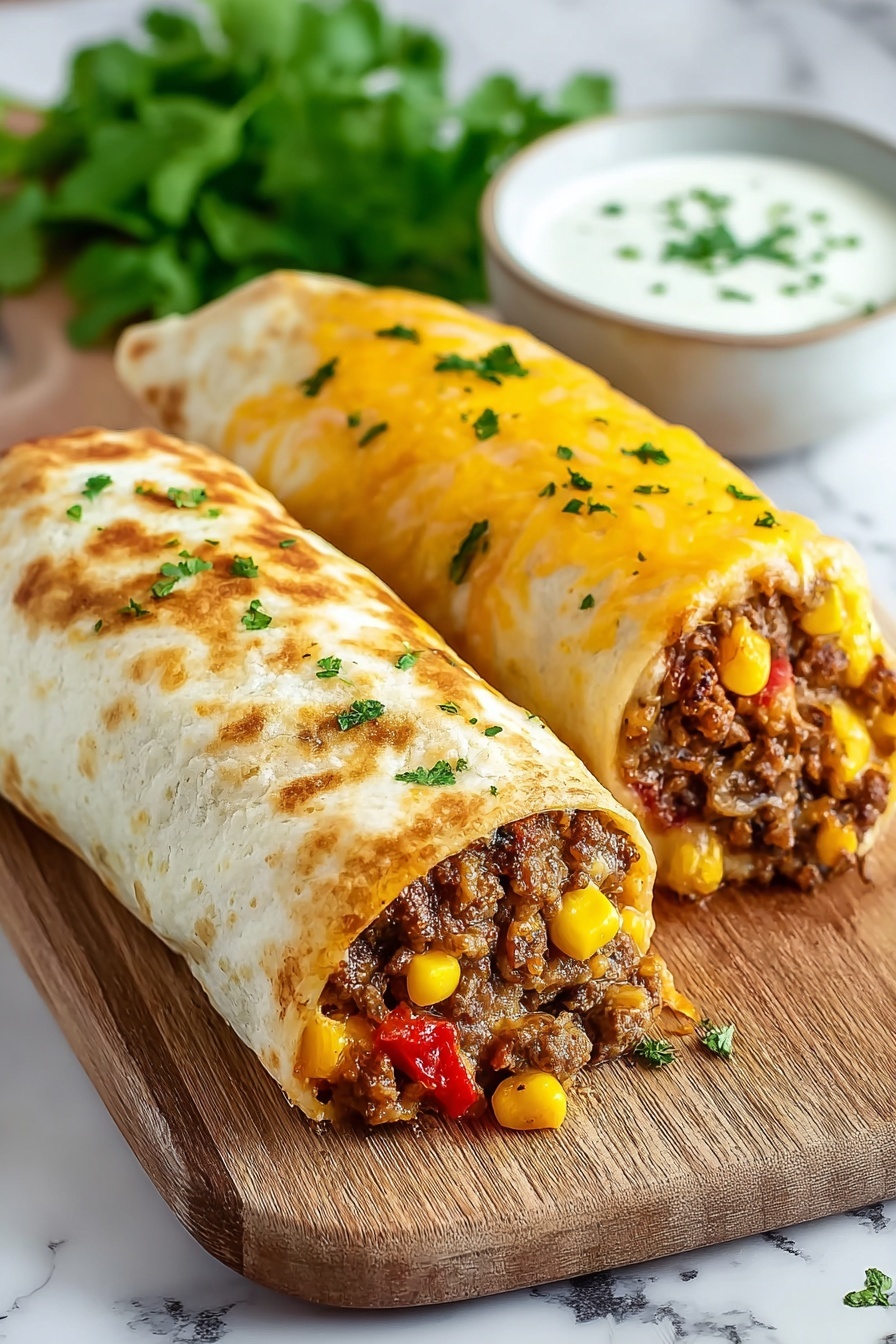 Two beef and cheese chimichangas on a wooden table.