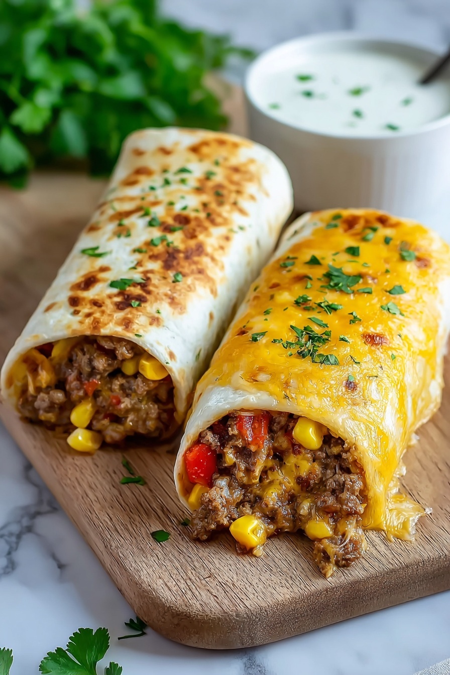 Two burritos with meat and vegetables on a wooden table.