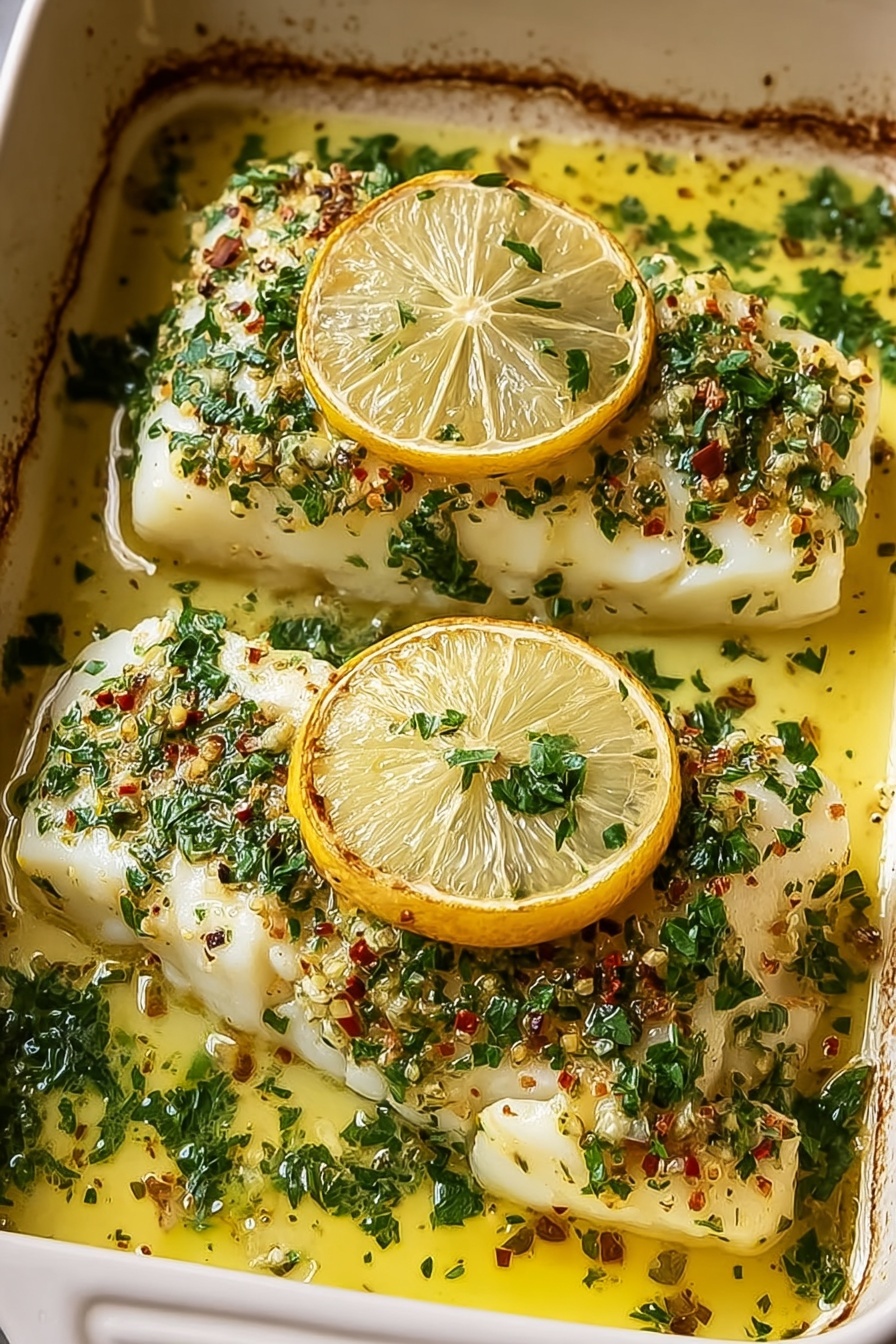 Baked cod with lemon and garlic.
