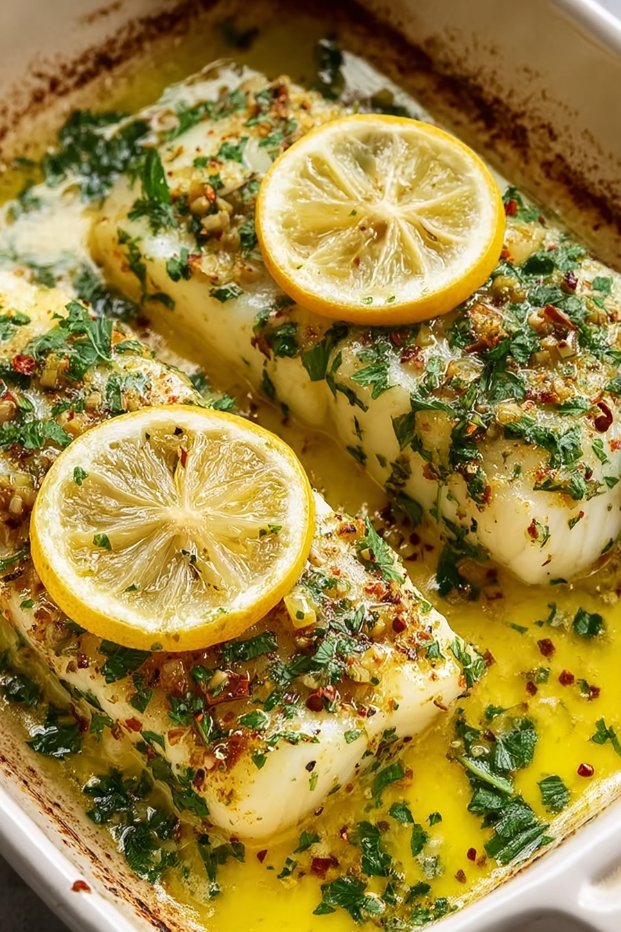 A piece of fish with lemon and herbs on top.