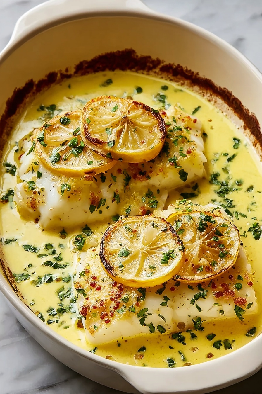 A bowl of fish with lemon slices on top.