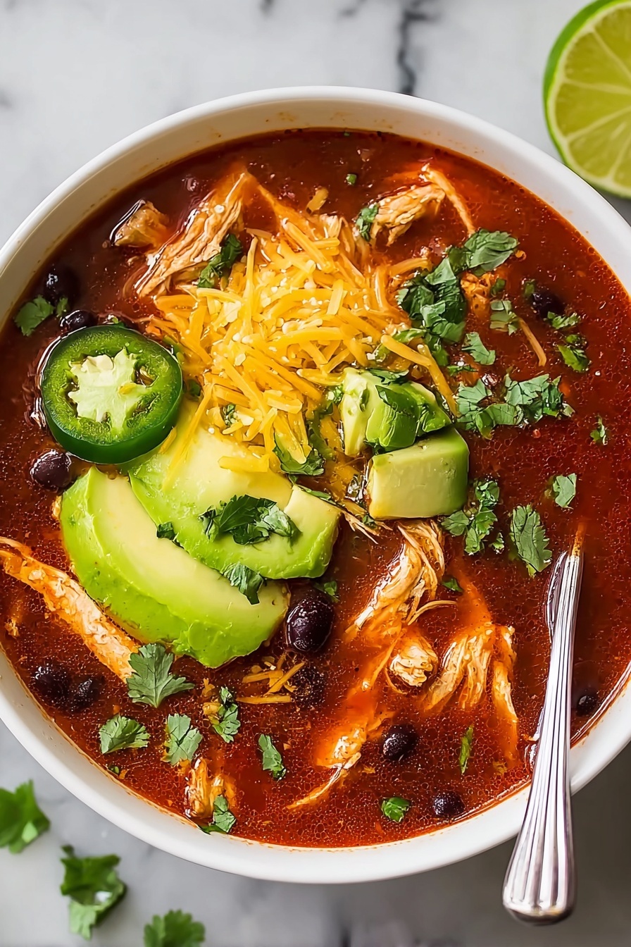 A bowl of chicken tortilla soup with a spoon.