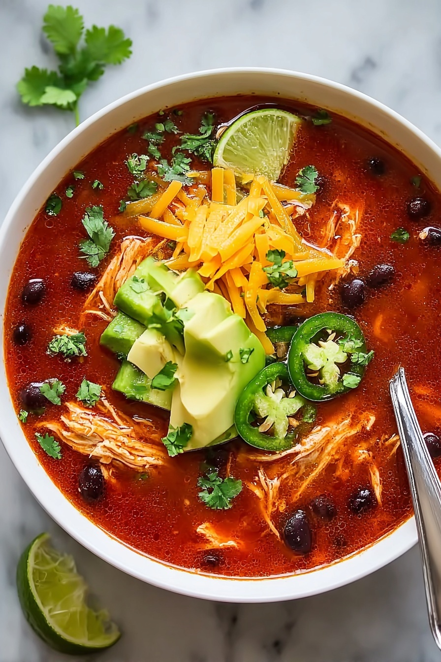 A bowl of chicken tortilla soup with a spoon.