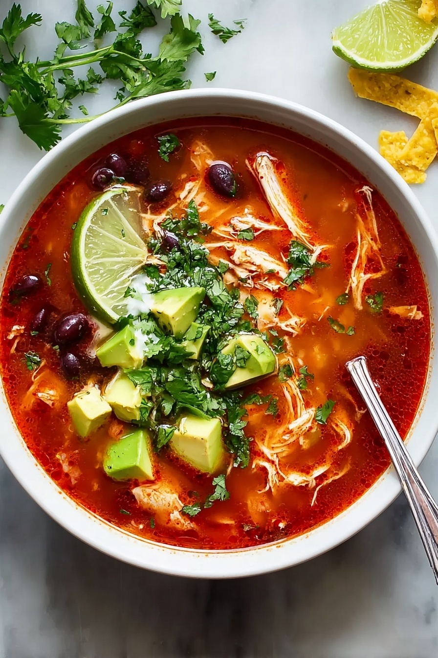 A bowl of chicken tortilla soup with lime wedges.