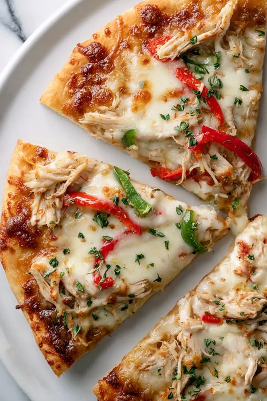 A slice of pizza with chicken and bell peppers.