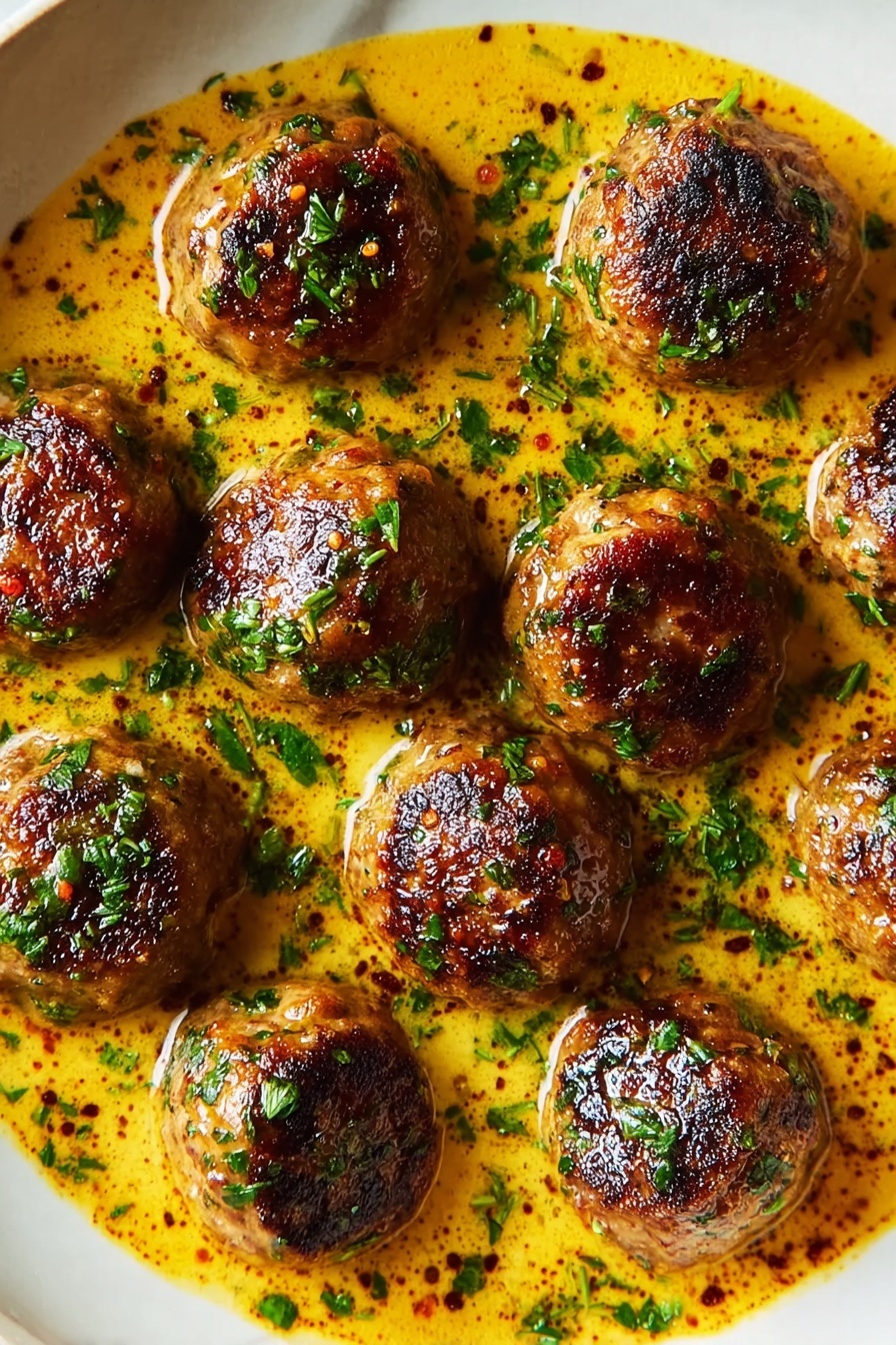 Meatballs in a yellow sauce.