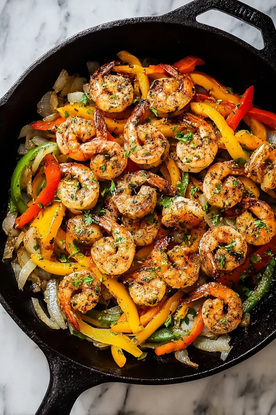 A pan of shrimp fajitas with peppers and onions.