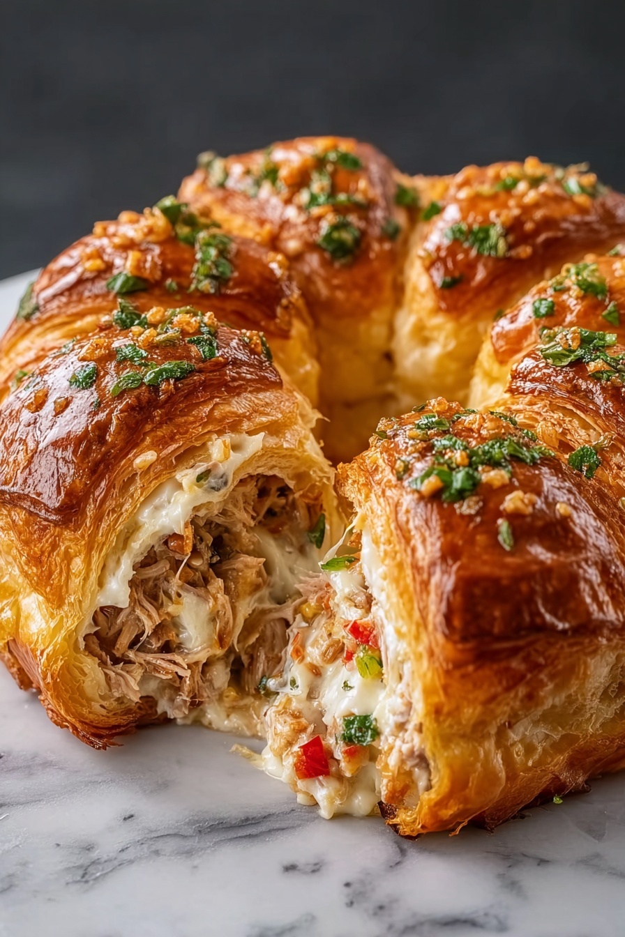 A Philly Cheese Steak Crescent Ring is cut open and displayed on a plate.