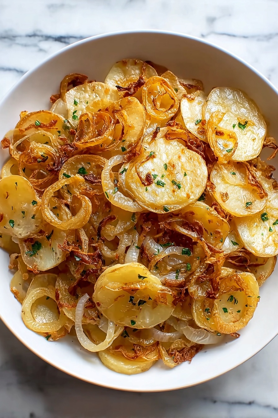 A white bowl filled with oven-fried potatoes and onions.