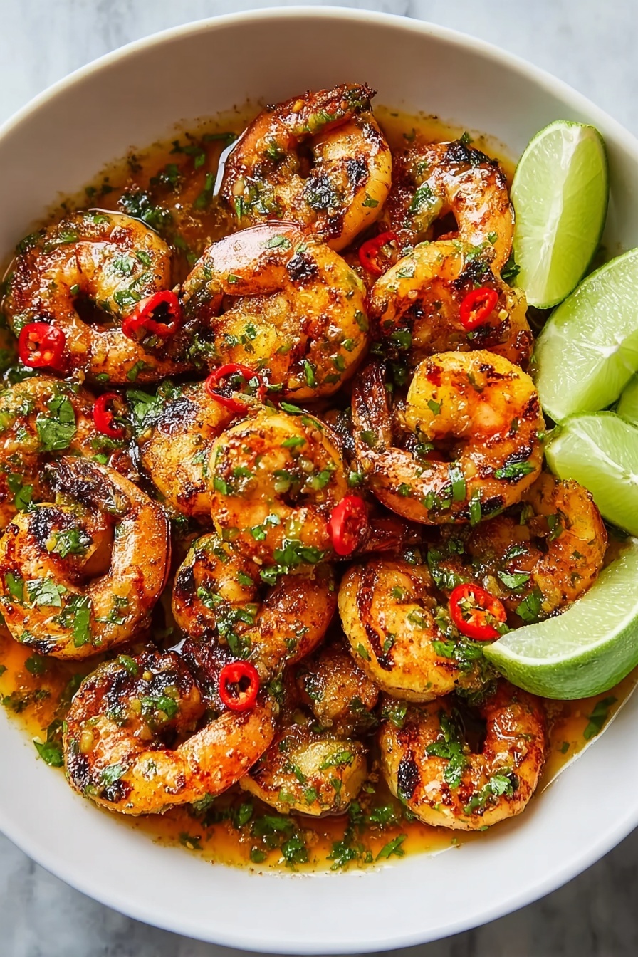 A bowl of blackened shrimp with lime wedges.