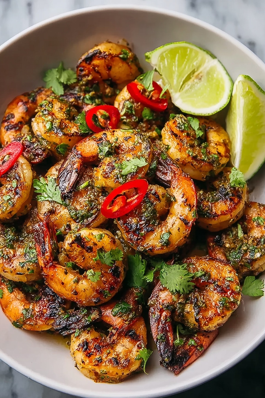 A plate of blackened shrimp with lime wedges.