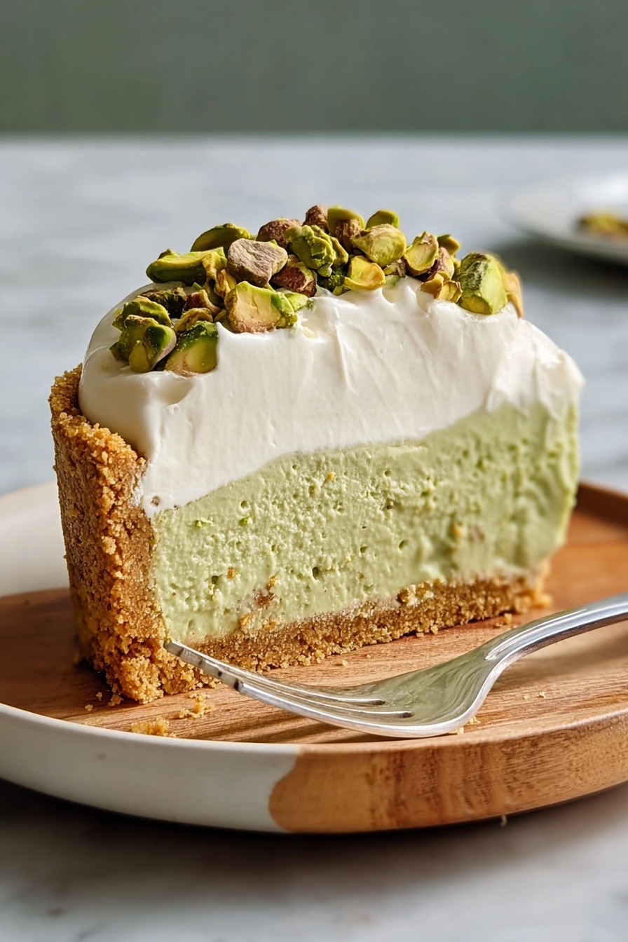 A slice of pistachio cheesecake on a plate.