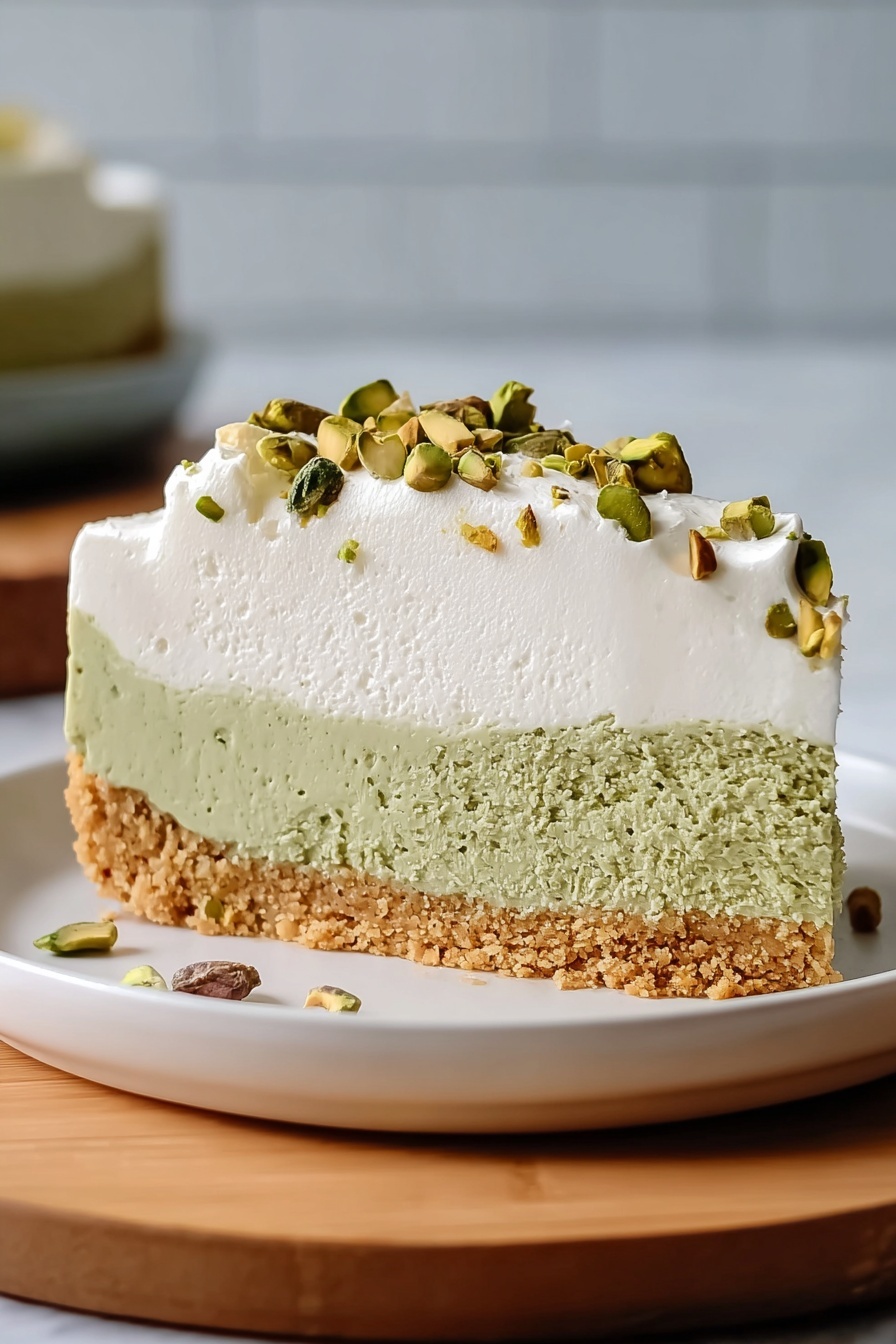 A slice of pistachio cheesecake on a plate.