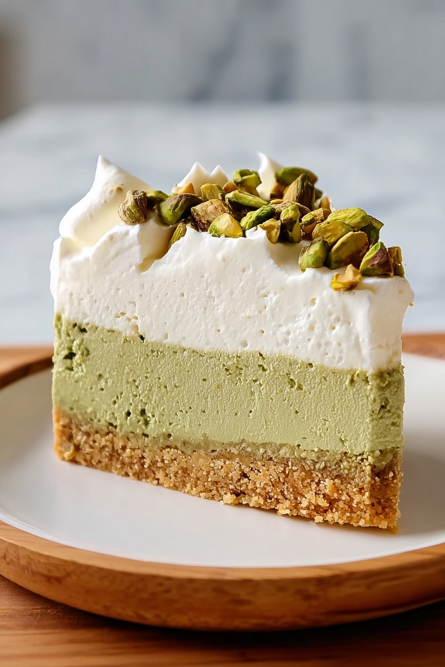 A slice of pistachio cheesecake on a plate.