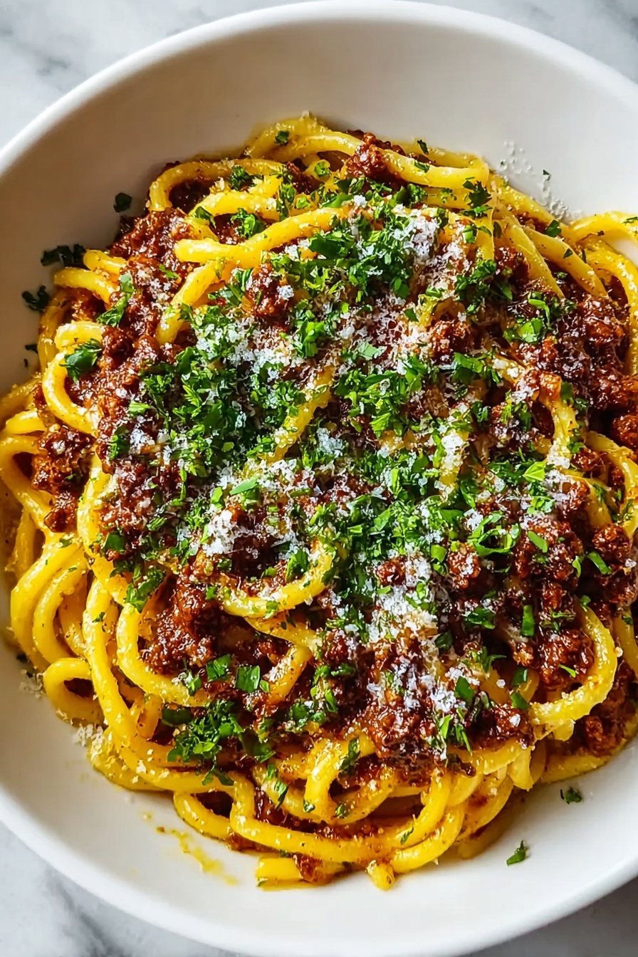 A bowl of pasta with sauce and cheese.
