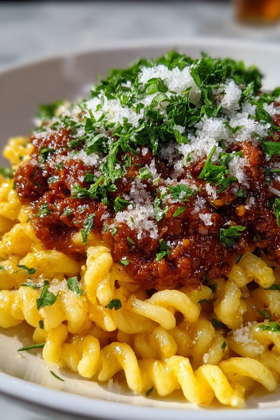 A plate of pasta with bolognese sauce and gigli pasta.