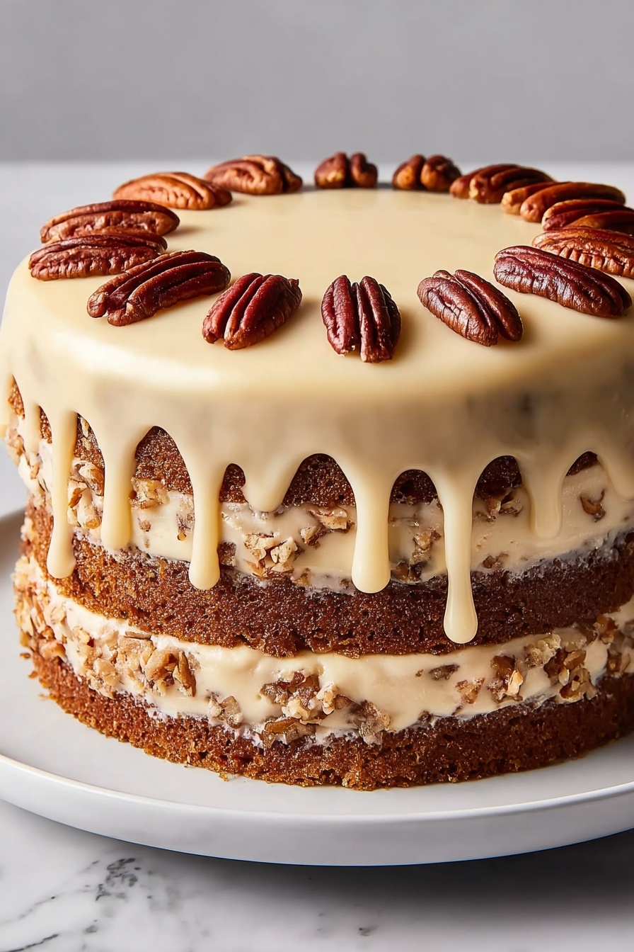 A pecan praline cake with a creamy drip glaze.
